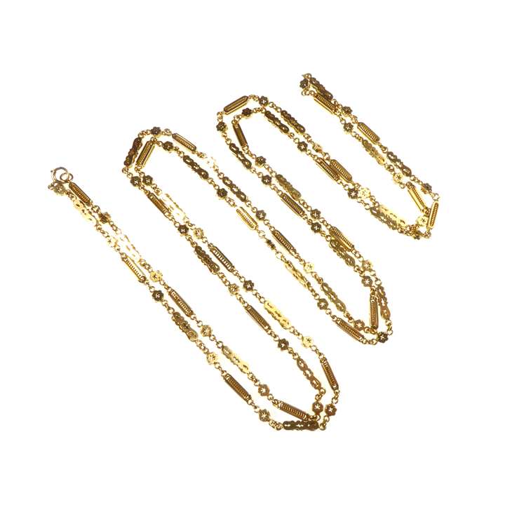 Antique 18ct gold baton and florette long chain necklace